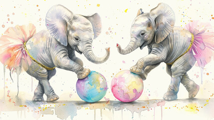 Watercolor painting of two elephants are playing with a ball, one of which is wearing a pink tutu. The scene is whimsical and playful, with the elephants engaging in a fun activity - obrazy, fototapety, plakaty