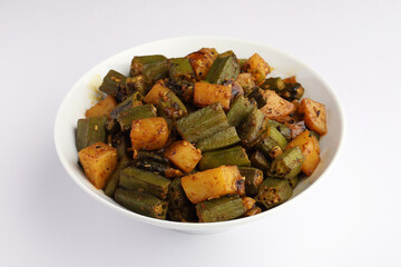 Aloo Bhindi, Potato Bhindi masala or Potato okra or lady finger fry served with Roti or Chapati or Rice ,indian food