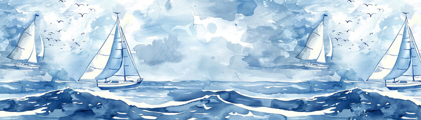 Watercolor painting of a blue ocean with three sailboats in the water. The mood of the painting is calm and peaceful