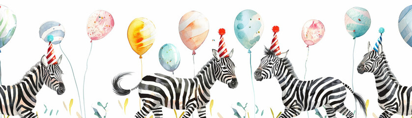 Watercolor painting of zebra is wearing a party hat and holding a balloon. The zebra is surrounded by other zebras and balloons, creating a festive atmosphere