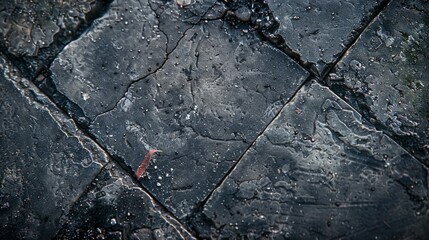 A black and white photo of a cracked sidewalk with a red object on it