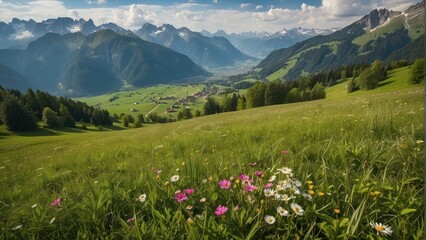 Panoramic view of a lush valley with mountains and wildflowers
