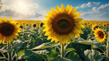 Bright sunflowers in a field under a sunny blue sky