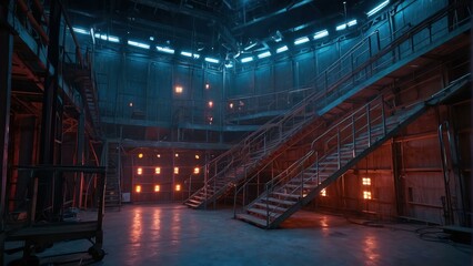 Fototapeta premium Atmospheric industrial interior with neon blue and red lights