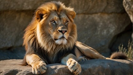Majestic lion resting on a rock, bathed in golden sunlight
