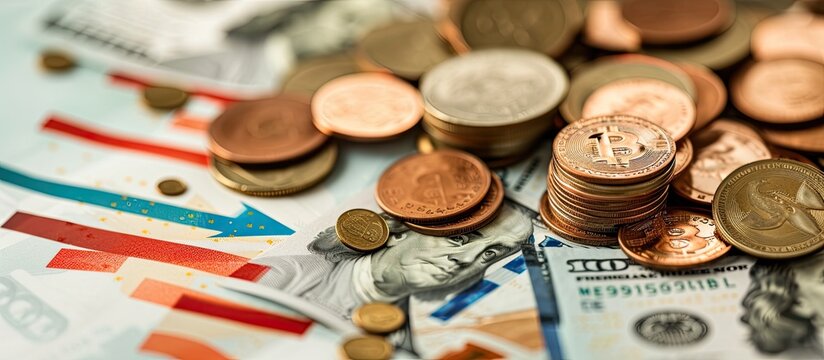 Currency symbols, banknotes, coins.