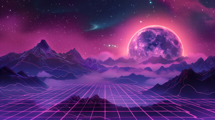 80s synthwave landscape with grid, big moon and mountains in the background, purple and pink colors, synth wave art style, retrowave, glowing lines, detailed