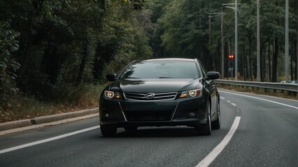 Black sedan driving on a forest lined road under overcast sky