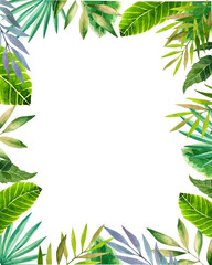 Tropical frame, Kids birthday invitation, border, jungle, palm, Leaves, Frame, watercolor Illustration, hello summer, Mothers day