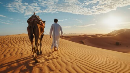 A man is walking with a camel in the desert