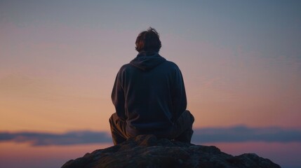 Sunset Reflections: Man Resting on a Rock, Immersed in the Radiance of the Setting Sun.