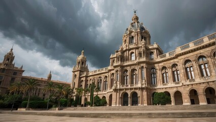Dramatic view of a grand historic building under an overcast sky