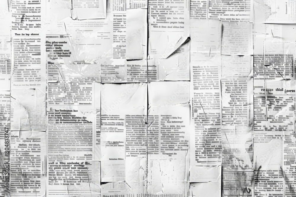 Wall mural an image of a wall covered with waste paper and old newspapers. antique documents and dirty and torn