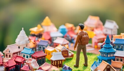 Minifigures, people, set out on adventures in a quaint toy town. Go with bright, colorful colors.