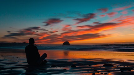 Fototapeta premium Seaside Reflection: Man's Serene Contemplation as the Sun Sets over the Ocean.