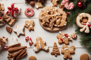 christmas sweets cookies top view table scene white wood background holiday baking concept cookie setting gingerbread man sweet festive dessert up high overhead biscuit culture food homemade seasonal' - Powered by Adobe