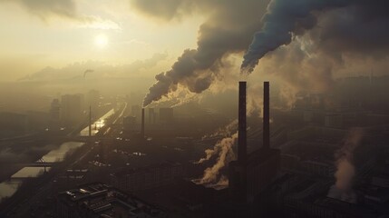 Urban Haze: Factory Smoke Blanketing the City's Towering Skyline.
