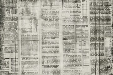 Obraz premium An image of a wall covered with waste paper and old newspapers. Antique documents and dirty and torn printed writings.