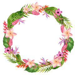 Kids birthday invitation, Bright Tropical Flowers, Leaves, Wreath, orchid, Round Frame, watercolor Illustration, Decoration, Mothers day, summer vibes, vibrant