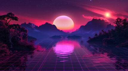 80s synthwave landscape with grid, neon colors and big moon in the sky, dark purple background, mountains, trees, water surface, pink sun