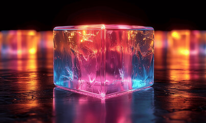 Holographic Iridescent Glass Cube 3D Render on Elegant Black Mockup Design
