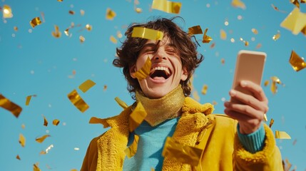 Joyful young man in yellow jacket and scarf laughing under a shower of golden confetti, holding a smartphone, clear blue sky background; Concept of celebration, happiness, and youth culture