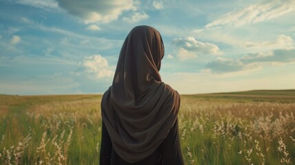 A woman wearing a black scarf stands in a field of tall grass - Powered by Adobe