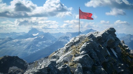 flag on the mountain peak, meaning overcoming difficulties, goal achievement, winning strategy with focus on results 