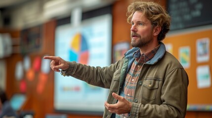 Male Educator Gesturing in a Classroom with Digital Screen in Background, Emphasizing Interactive Learning and Education Concept of Modern Teaching Techniques and Academic Engagement