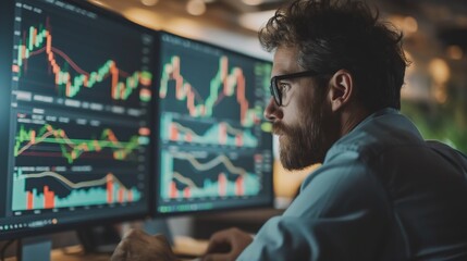 Focused male stock trader analyzing real-time trading charts on multiple monitors, Concept of financial markets and investments