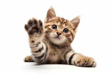 A kitten is playing with its paw and looking at the camera