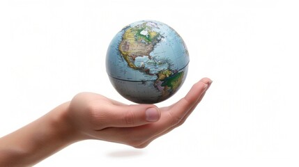 Globe on hand isolated white background