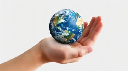 Globe on hand isolated white background