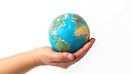 Globe on hand isolated white background