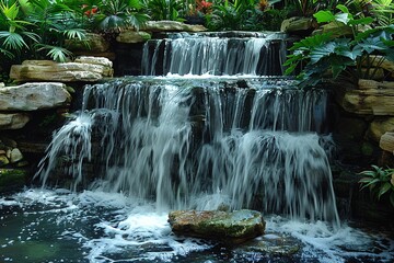 Obraz premium Biosphere Botanical Oasis: Exotic Plants & Cascading Waterfalls Design