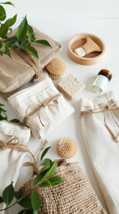 Natural organic SPA beauty products set and eco bags on white background Sustainable lifestyle concept