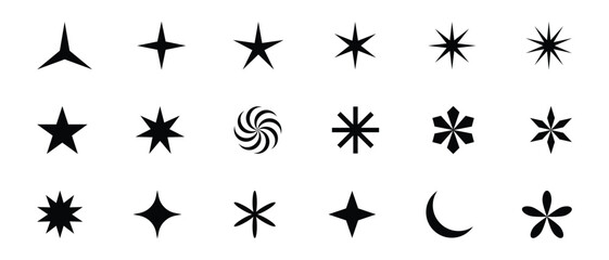Geometric abstract flower shape set, star figure vector icon. stars lines and circles, memphis geometric silhouette elements vector set