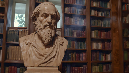 bust of philosopher in front of bookcase, illustration painting