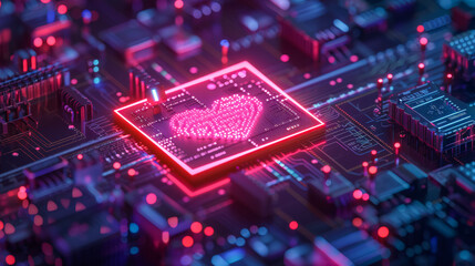 On top of a sophisticated chip, there is a hologram consisting of 5 letters "HEART", Unreal Engine rendering, depth of field effect