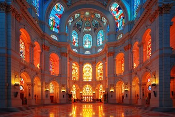 Fototapeta premium Divine Splendor: Cathedral's Vaulted Ceiling & Biblical Stained-Glass Marvel