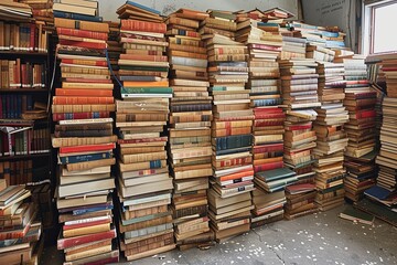 Obraz premium Labyrinthine Library: Secrets Whispers Amid Towering Book Stacks