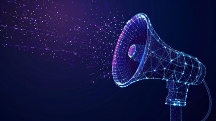 Hologram of a megaphone releasing particles on a purple background, marketing concept