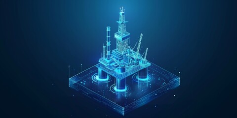 Fototapeta premium Hologram of an oil rig on a blue background, oil platform isometric model