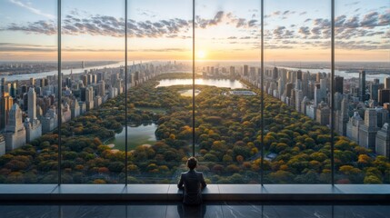 Businessman sitting on the edge of a skyscraper and looking at the sunset