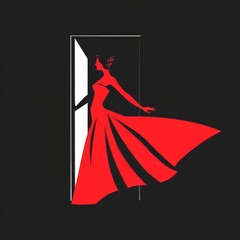 An illustration of a woman wearing a long dress and dancing against a door, black and red minimal logo of a ballerina girl with skirt.