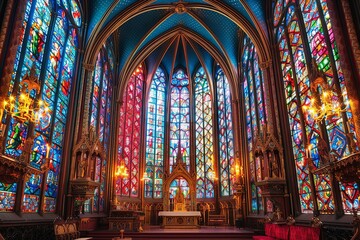 Obraz premium Gothic Cathedral Splendor: Stained Glass Majesty and Vaulted Grandeur