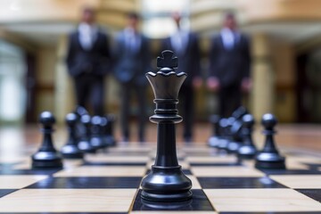 Group of businessmen watching chess pieces, Strategic Business Meeting Backdrop With Chess Pieces