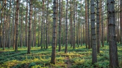 Obraz premium Pine forest in the morning light. Beautiful summer landscape with tall trees