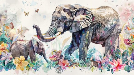 Obraz premium Vibrant watercolor scene of an elephant and its calf wandering through the jungle, the detailed textures of their skin contrasting with soft floral elements