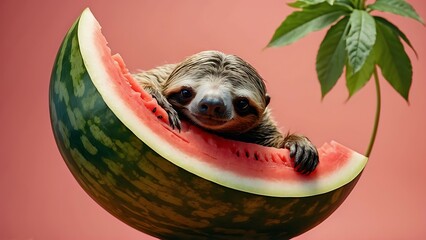 Sloth with watermelon on a pink background. Tropical animal.